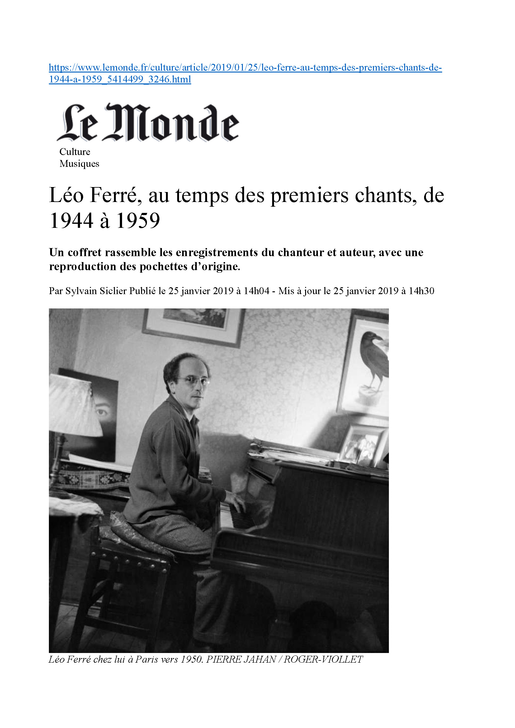  25/01/2019 Le Monde Léo Ferré au temps des premiers chants